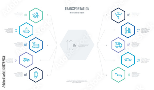 transportation concept business infographic design with 10 hexagon options. outline icons such as muffler, racing car, eco truck, doorman, cross road, race car