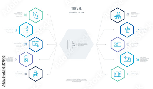 travel concept business infographic design with 10 hexagon options. outline icons such as brochure, itinerary, bus ticket, control tower, waterpark, sleeping