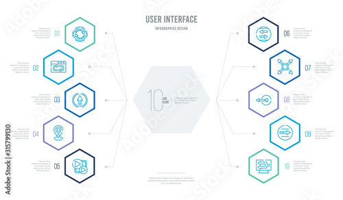 user interface concept business infographic design with 10 hexagon options. outline icons such as refresh left arrow, round right arrow, round left button, expand button, two left arrows, round
