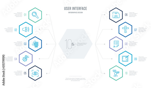 user interface concept business infographic design with 10 hexagon options. outline icons such as two chat bubbles, check box with cursor, list layout with check boxes, cross, floppy disk save