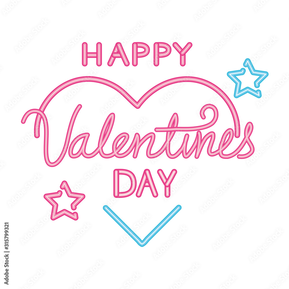 happy valentines day lettering with heart and stars