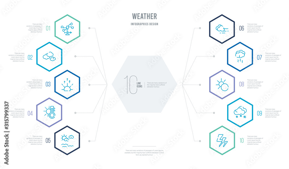 weather concept business infographic design with 10 hexagon options. outline icons such as bolt, snowing, eclipse, smog, mist, hot weather concept business infographic design with 10 hexagon options. outline icons such as bolt, snowing, eclipse, smog, mist, hot