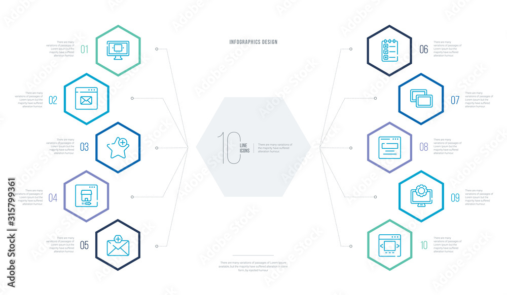 web concept business infographic design with 10 hexagon options. outline icons such as slider, engine, web page variant, overlay, create list button, home button web concept business infographic design with 10 hexagon options. outline icons such as slider, engine, web page variant, overlay, create list button, home button