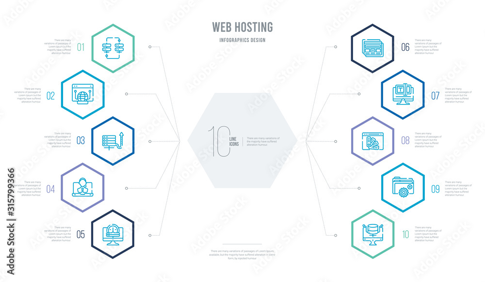 web hosting concept business infographic design with 10 hexagon options. outline icons such as feature, folder management, color scheme, edit text, mockup de, tech support web hosting concept business infographic design with 10 hexagon options. outline icons such as feature, folder management, color scheme, edit text, mockup de, tech support