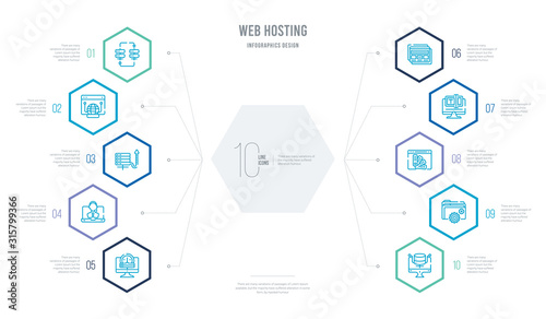 web hosting concept business infographic design with 10 hexagon options. outline icons such as feature, folder management, color scheme, edit text, mockup de, tech support