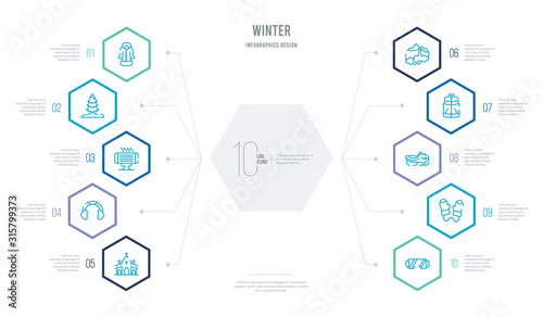 winter concept business infographic design with 10 hexagon options. outline icons such as goggles, mittens, snowmobile, anorak vest, avalanche, earmuffs