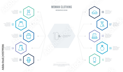 woman clothing concept business infographic design with 10 hexagon options. outline icons such as couture mannequin, diamond ring, sewing thimble black variant, lace dress with belt, rectangular