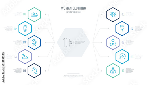 woman clothing concept business infographic design with 10 hexagon options. outline icons such as perfume, shoulder length, female long black hair, creme container black, parfume, hair clip tool