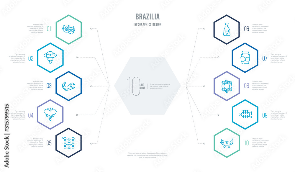 brazilia concept business infographic design with 10 hexagon options. outline icons such as lent, trumpet, tambourine, coffee cup, cachaca, necklace brazilia concept business infographic design with 10 hexagon options. outline icons such as lent, trumpet, tambourine, coffee cup, cachaca, necklace