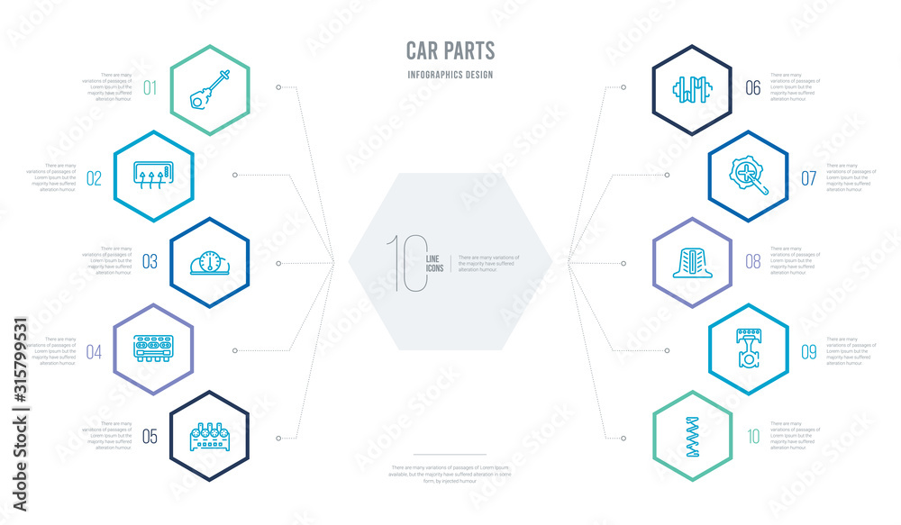 car parts concept business infographic design with 10 hexagon options. outline icons such as car coil, car connecting rod, cowl, crank, crankshaft, cylinder head car parts concept business infographic design with 10 hexagon options. outline icons such as car coil, car connecting rod, cowl, crank, crankshaft, cylinder head