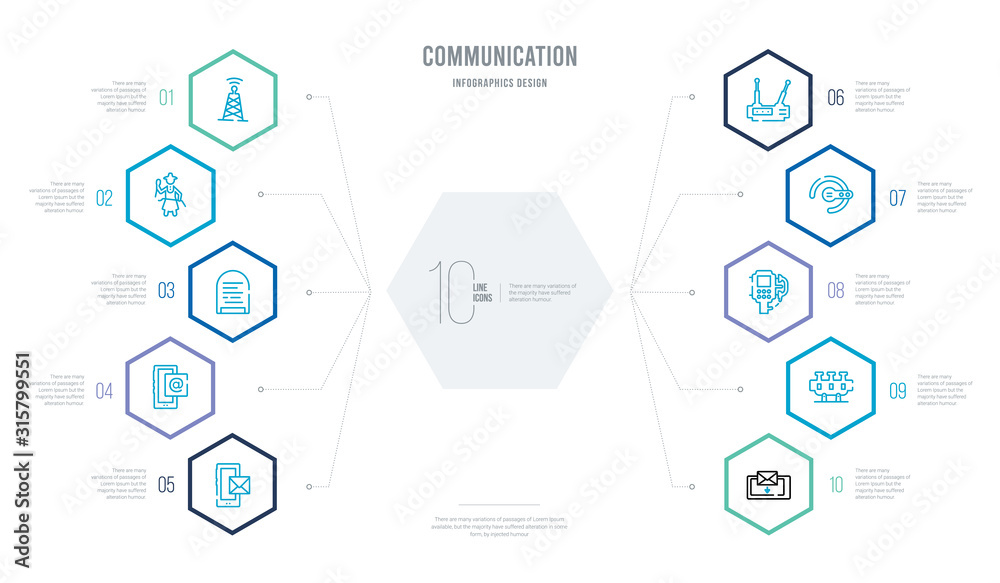 communication concept business infographic design with 10 hexagon options. outline icons such as mobile receiving email, morse code, public phone, hands free, modem, arroba