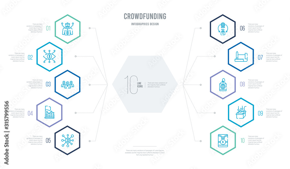 crowdfunding concept business infographic design with 10 hexagon options. outline icons such as gif, packaging, price tag, prototype, donation, ipo crowdfunding concept business infographic design with 10 hexagon options. outline icons such as gif, packaging, price tag, prototype, donation, ipo