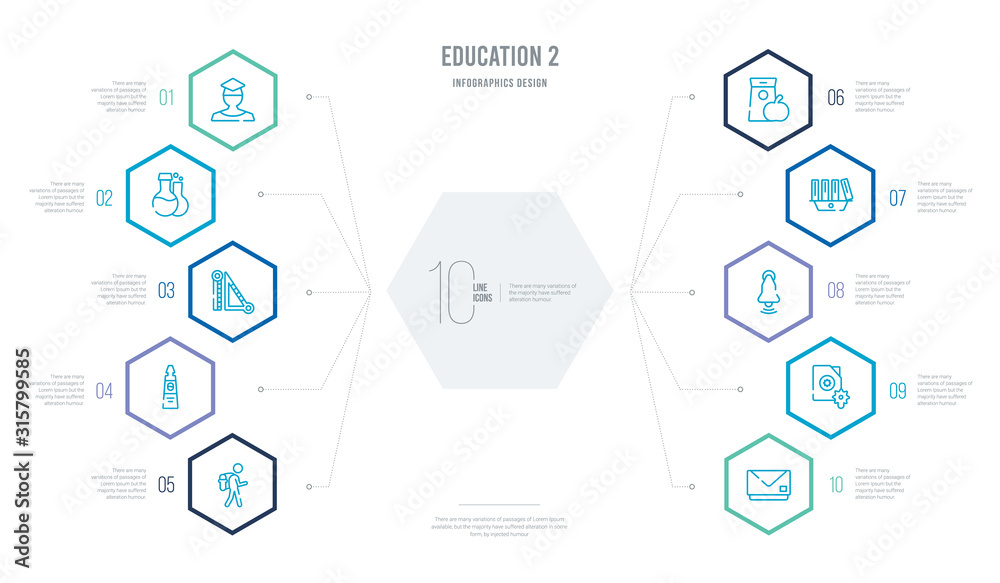 education 2 concept business infographic design with 10 hexagon options. outline icons such as letter, diploma, bell, bookshelf, lunch, paint tube education 2 concept business infographic design with 10 hexagon options. outline icons such as letter, diploma, bell, bookshelf, lunch, paint tube