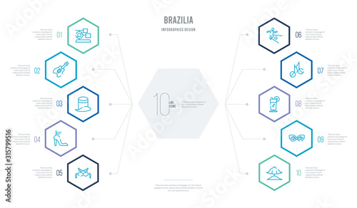 brazilia concept business infographic design with 10 hexagon options. outline icons such as sun umbrella, sun glasses, cocktail, music, football, high heel
