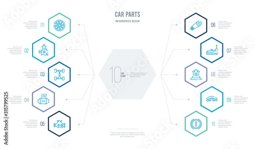 car parts concept business infographic design with 10 hexagon options. outline icons such as car brake light, car brake pad, bucket seat, bumper, camshaft, catalytic converter