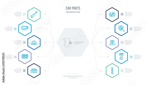 car parts concept business infographic design with 10 hexagon options. outline icons such as car coil, car connecting rod, cowl, crank, crankshaft, cylinder head