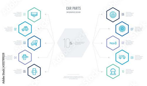 car parts concept business infographic design with 10 hexagon options. outline icons such as car headrest, car hood, horn, hubcap, ignition, jack
