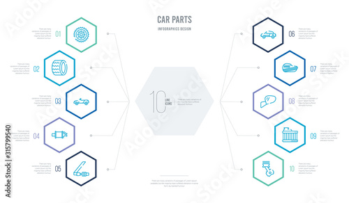 car parts concept business infographic design with 10 hexagon options. outline icons such as car piston, car radiator, rear-view mirror, reversing light, roof, silencer