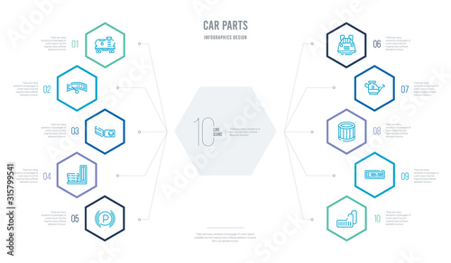 car parts concept business infographic design with 10 hexagon options. outline icons such as car mud flap, car numberplate, oil filter, oil pump, parcel shelf, pedal © zaurrahimov