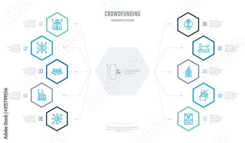 crowdfunding concept business infographic design with 10 hexagon options. outline icons such as gif, packaging, price tag, prototype, donation, ipo