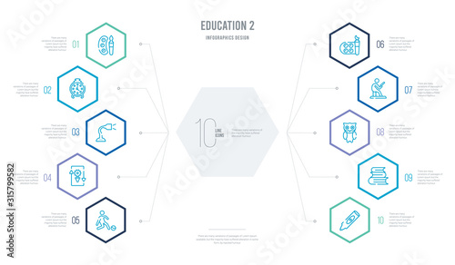 education 2 concept business infographic design with 10 hexagon options. outline icons such as crayon, books, owl, reading, watercolor, photosynthesis