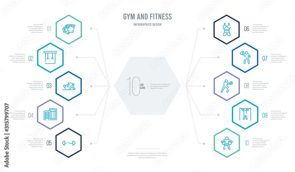 gym and fitness concept business infographic design with 10 hexagon options. outline icons such as stick man hoop, bar exercising, dumbbells exercise, lifting weight with right arm, female gym and fitness concept business infographic design with 10 hexagon options. outline icons such as stick man hoop, bar exercising, dumbbells exercise, lifting weight with right arm, female