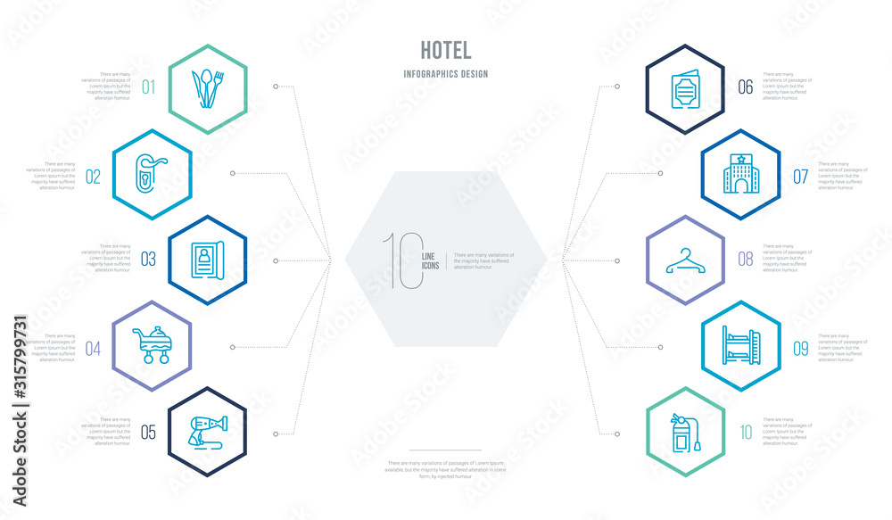 hotel concept business infographic design with 10 hexagon options. outline icons such as fire extinguisher, bunk, hanger, hotel, menu, room service
