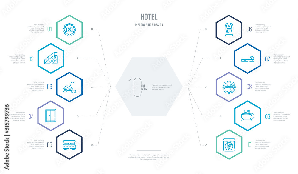 hotel concept business infographic design with 10 hexagon options. outline icons such as restaurant, coffee, no smoking, smoking, bathrobe, elevator hotel concept business infographic design with 10 hexagon options. outline icons such as restaurant, coffee, no smoking, smoking, bathrobe, elevator