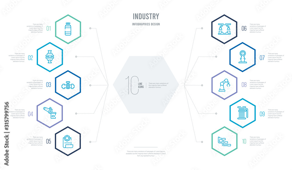 industry concept business infographic design with 10 hexagon options. outline icons such as gantt, textile, robotic arm, temperature, product, welding industry concept business infographic design with 10 hexagon options. outline icons such as gantt, textile, robotic arm, temperature, product, welding