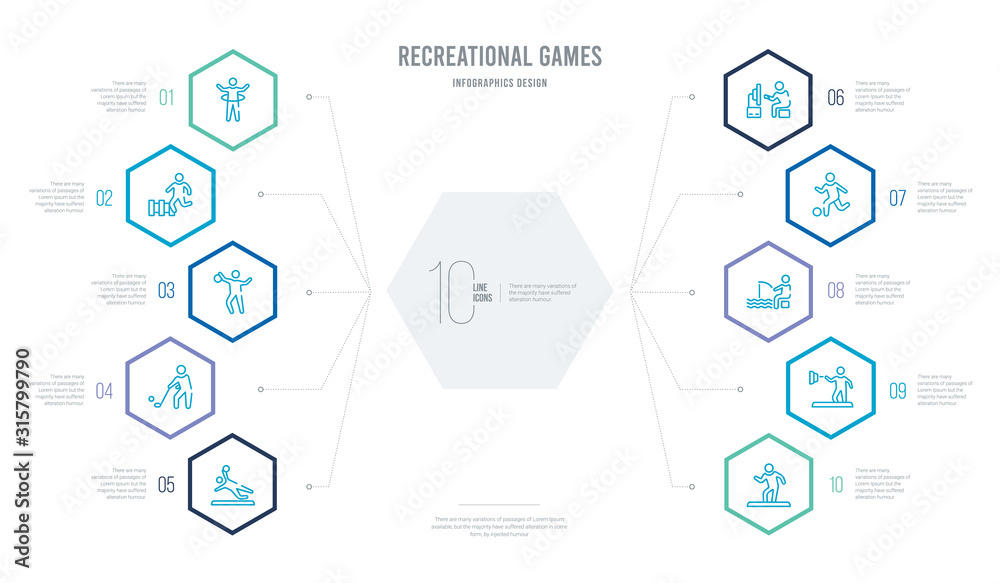 recreational games concept business infographic design with 10 hexagon options. outline icons such as people dancing, people playing darts, people fishing, football player playing, playing game, recreational games concept business infographic design with 10 hexagon options. outline icons such as people dancing, people playing darts, people fishing, football player playing, playing game,