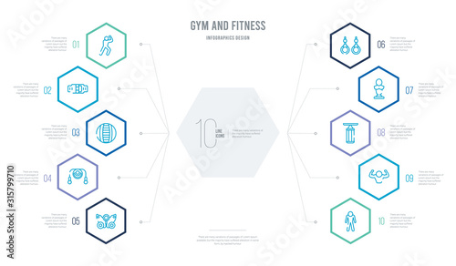 gym and fitness concept business infographic design with 10 hexagon options. outline icons such as anatomy, bodybuilder, boxing bag, boxing mannequin, gymnastic rings, exercise bands
