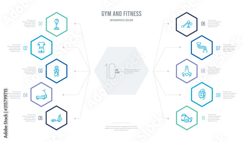 gym and fitness concept business infographic design with 10 hexagon options. outline icons such as protein, pulsometer, push up, resistance band, press simulator, running machine