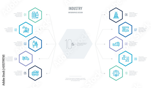 industry concept business infographic design with 10 hexagon options. outline icons such as maintenance, pump, excavator, planing, oilfield, cargo truck