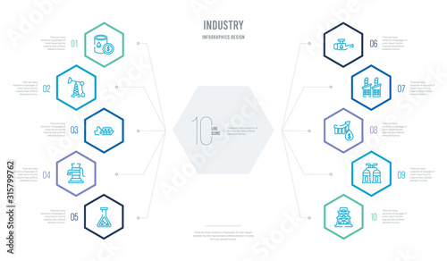 industry concept business infographic design with 10 hexagon options. outline icons such as oil rig, extraction, oil price, fossil fuels, oiler, hand pump
