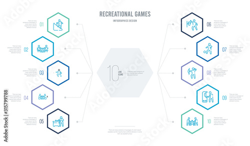 recreational games concept business infographic design with 10 hexagon options. outline icons such as people playing air hockey, people playing arcade game, people playing archery, ball, basketball,