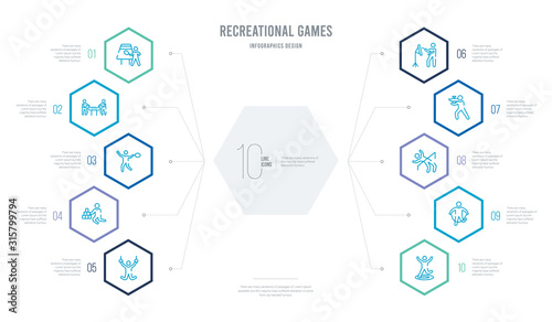 recreational games concept business infographic design with 10 hexagon options. outline icons such as people jumping, people playing jumping rope, people playing limbo, playing paintball, painting,