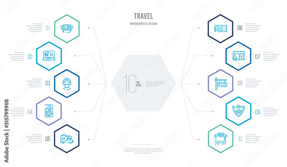 travel concept business infographic design with 10 hexagon options. outline icons such as bus stop, travel insurance, , date, train ticket, mobile map travel concept business infographic design with 10 hexagon options. outline icons such as bus stop, travel insurance, , date, train ticket, mobile map