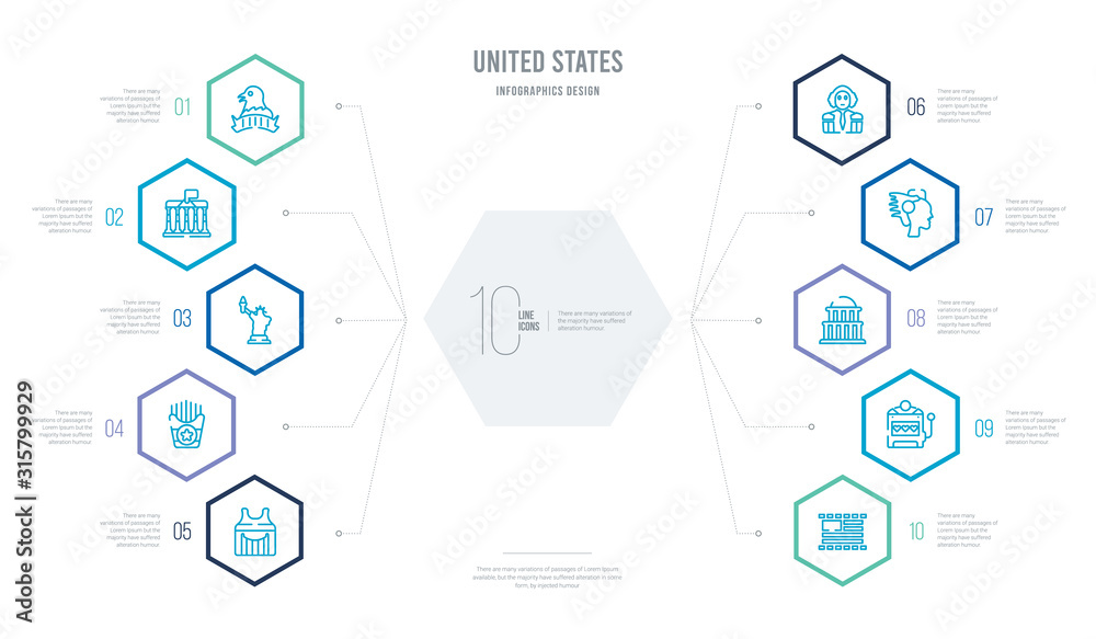 united states concept business infographic design with 10 hexagon options. outline icons such as movie, casino, capitol, indian, george washington, french fries united states concept business infographic design with 10 hexagon options. outline icons such as movie, casino, capitol, indian, george washington, french fries