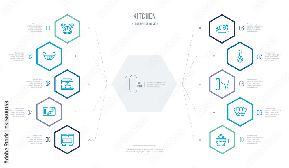 kitchen concept business infographic design with 10 hexagon options. outline icons such as squeezer, molded, aluminum foil, beater, broiler, chopping board