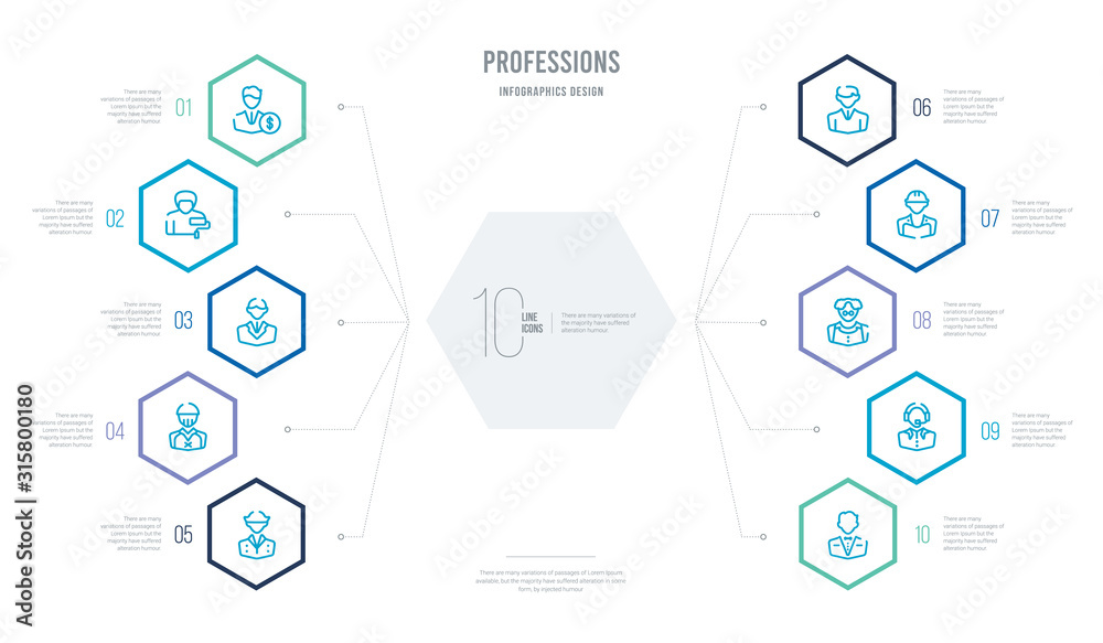 professions concept business infographic design with 10 hexagon options. outline icons such as butler, callcenter, chemist, civil engineer, computer systems analyst, cricket player professions concept business infographic design with 10 hexagon options. outline icons such as butler, callcenter, chemist, civil engineer, computer systems analyst, cricket player