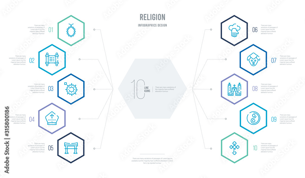 religion concept business infographic design with 10 hexagon options. outline icons such as christianity, taoism, monastery, lamb, god, pope
