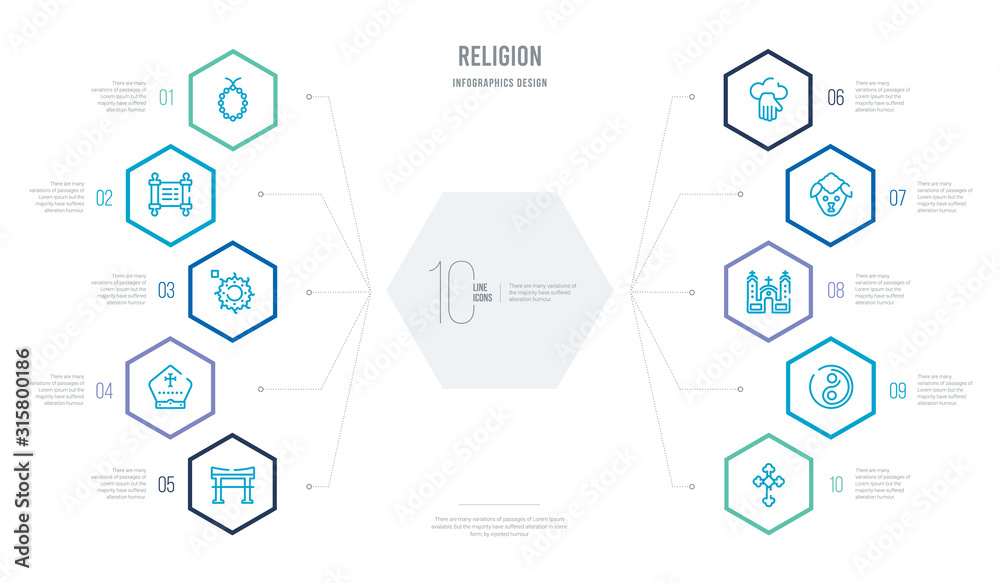 religion concept business infographic design with 10 hexagon options. outline icons such as christianity, taoism, monastery, lamb, god, pope religion concept business infographic design with 10 hexagon options. outline icons such as christianity, taoism, monastery, lamb, god, pope