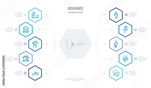 insurance concept business infographic design with 10 hexagon options. outline icons such as dental insurance, falling, wounded, finances, elderly, earthquake