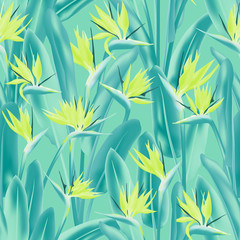 Fototapete Tropische Paradiesblumen-Muster Boho Strelitzia Kranichblume Textildesign  © SunwArt