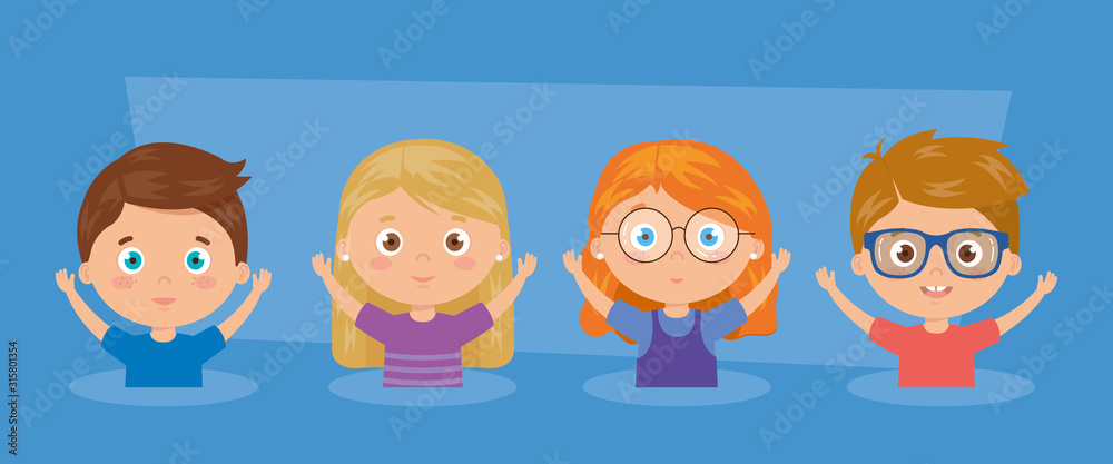 set of children smiling with his hands up set of children smiling with his hands up