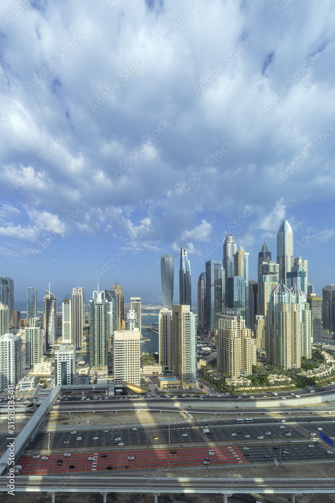Modern skyscrapers and urban skyline in Dubai Marina.	