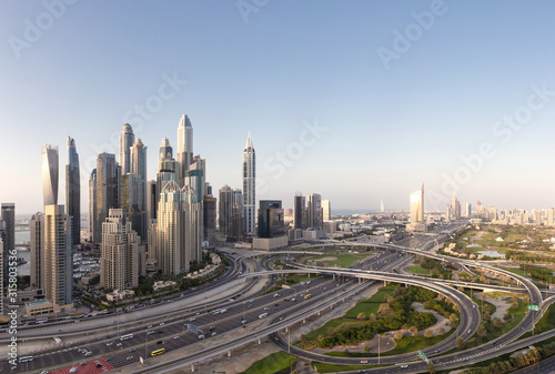 Aerial view of cityscape and skyline in Marina.Dubai UAE at sunset