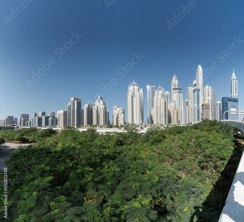 Modern skyscrapers with large green plants in Dubai Marina.