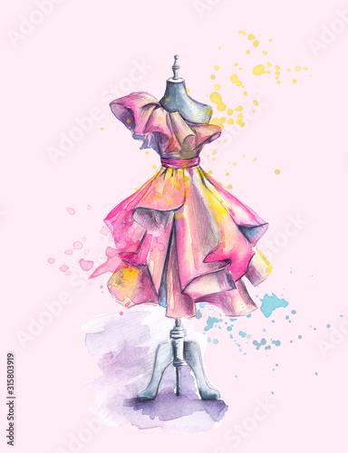 Beautiful Dress with Folds on Mannequin. Hand Painted Watercolor Fashion Illustration. Sweet Sketch. Dummy, Beauty, Style and Sewing Concept. Women's Day Card