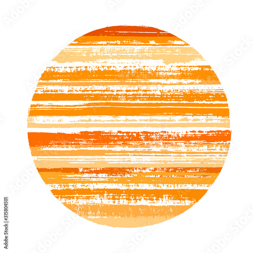 Abrupt circle vector geometric shape with striped texture of ink horizontal lines. Disk banner with old paint texture. Badge round shape circle logo element with grunge background of stripes.